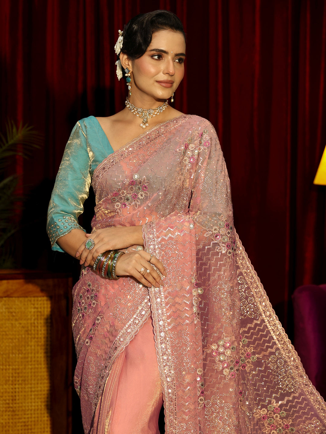 Libas Art Pink Chevron Sequin Embellished Tissue Saree