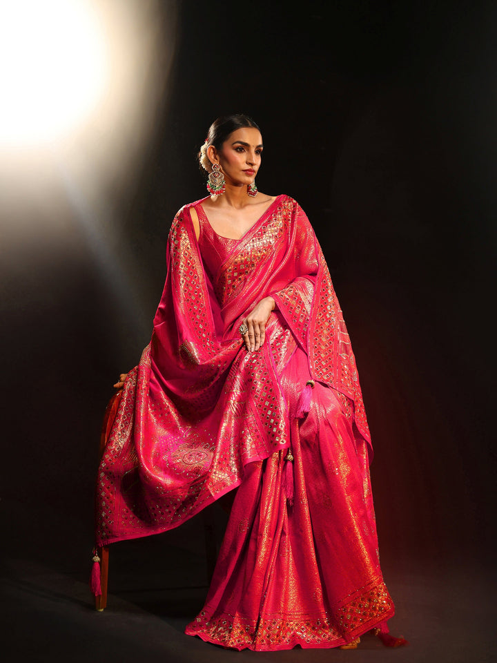 Libas Art Pink Embellished Banarasi Silk Blend Saree with Dupatta