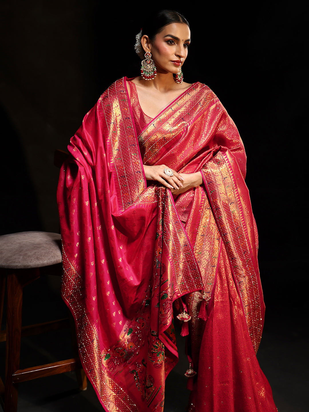 Libas Art Pink Embellished Banarasi Silk Blend Saree with Dupatta