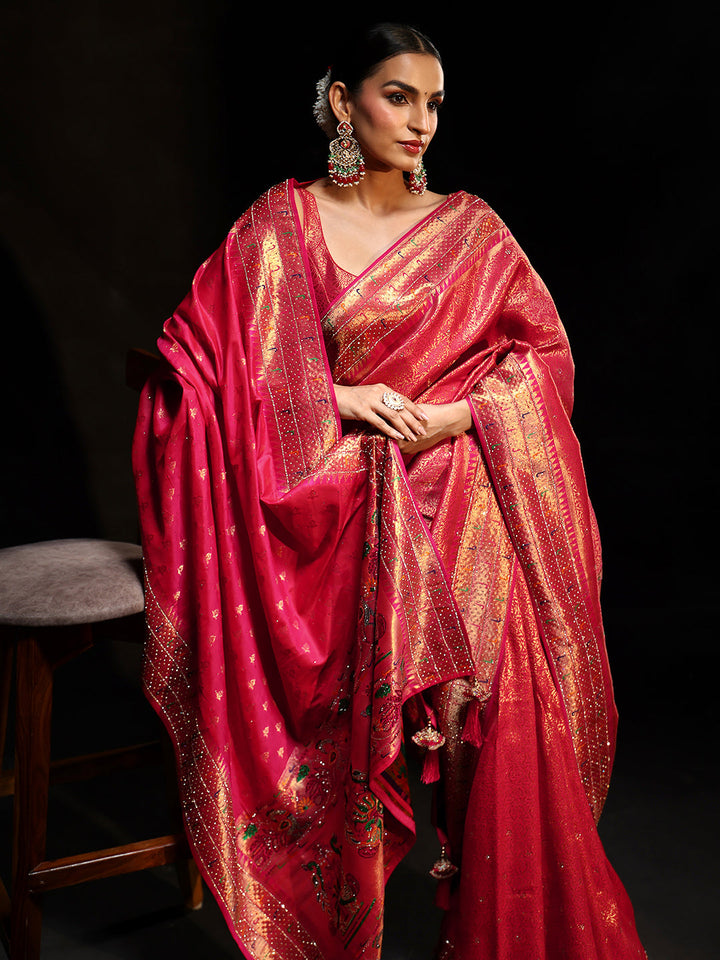 Libas Art Pink Embellished Banarasi Silk Blend Saree with Dupatta