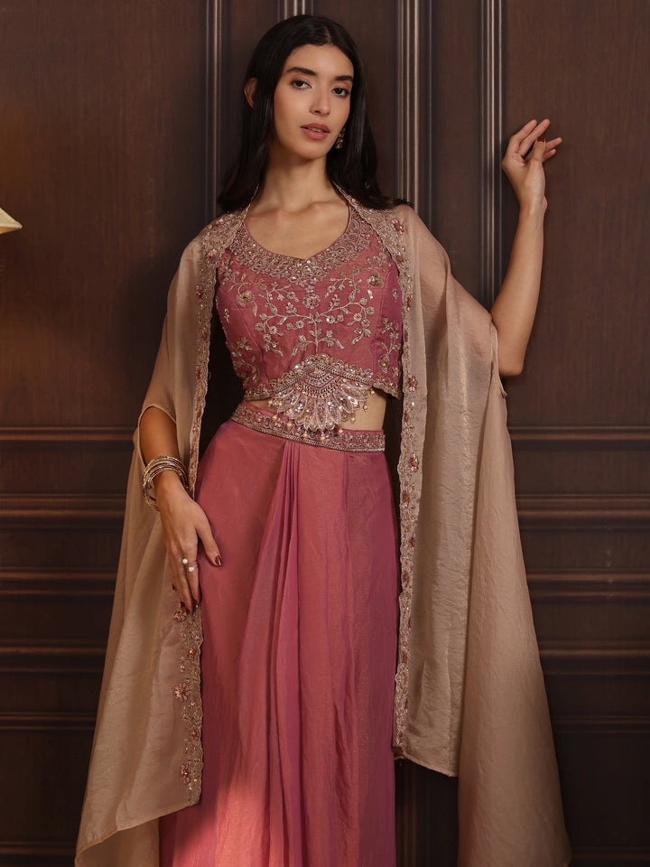 Libas Art Pink Embellished Cape and Draped Skirt Tissue Co-Ord Set