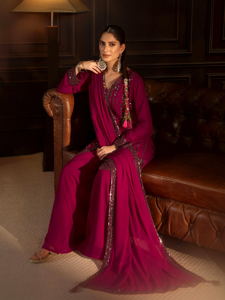 Libas Art Pink Embellished Georgette Palazzo Suit Set