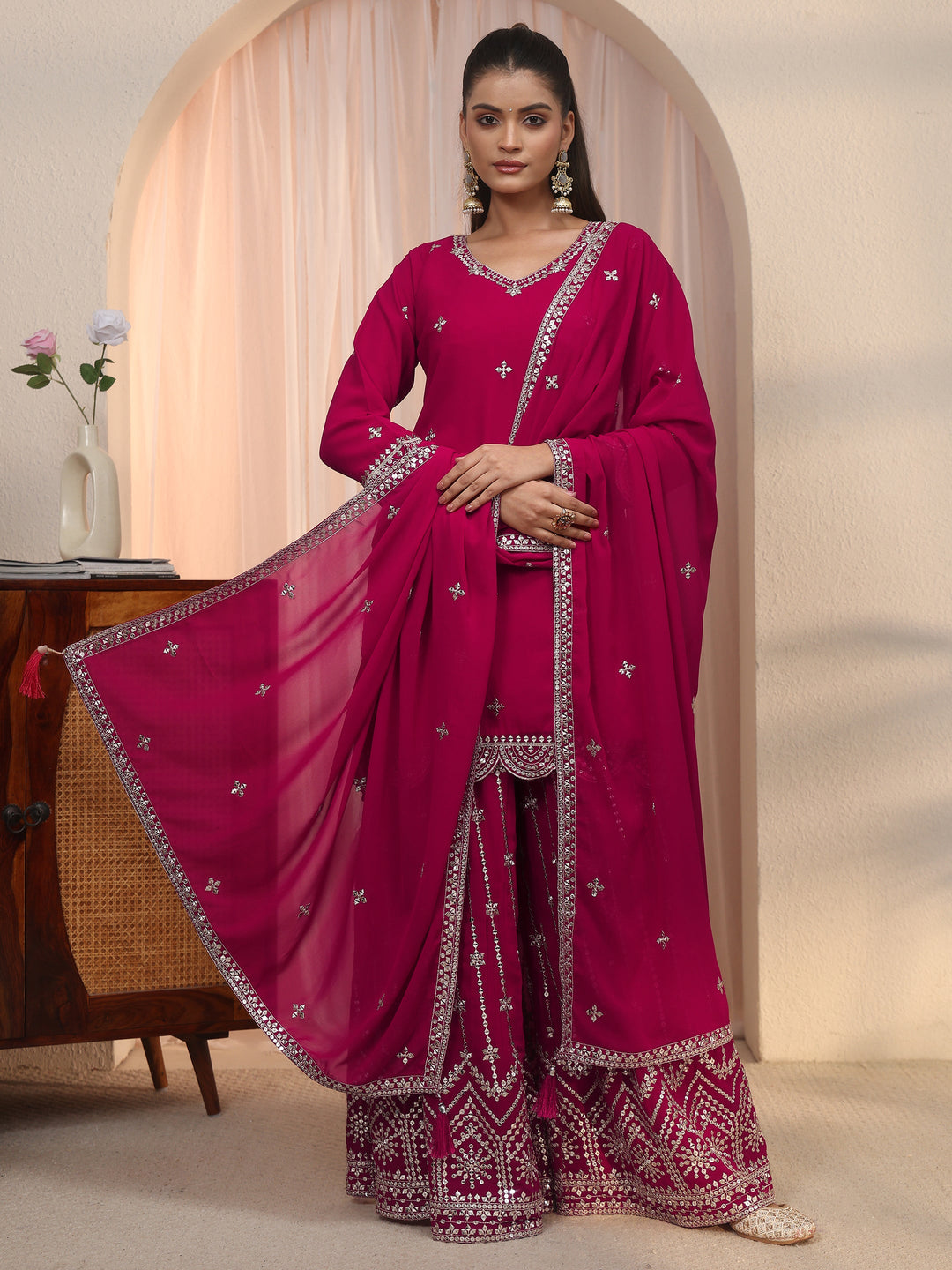 Libas Art Pink Embellished Georgette Palazzo Suit Set