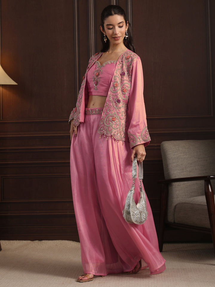 Libas Art Pink Embellished Jacket and Palazzo Tissue Co-Ord Set