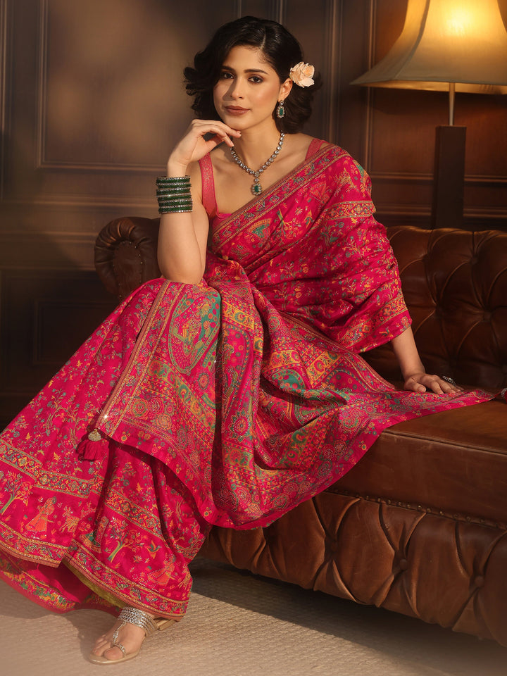 Libas Art Pink Embellished Mughal Design Silk Blend Saree