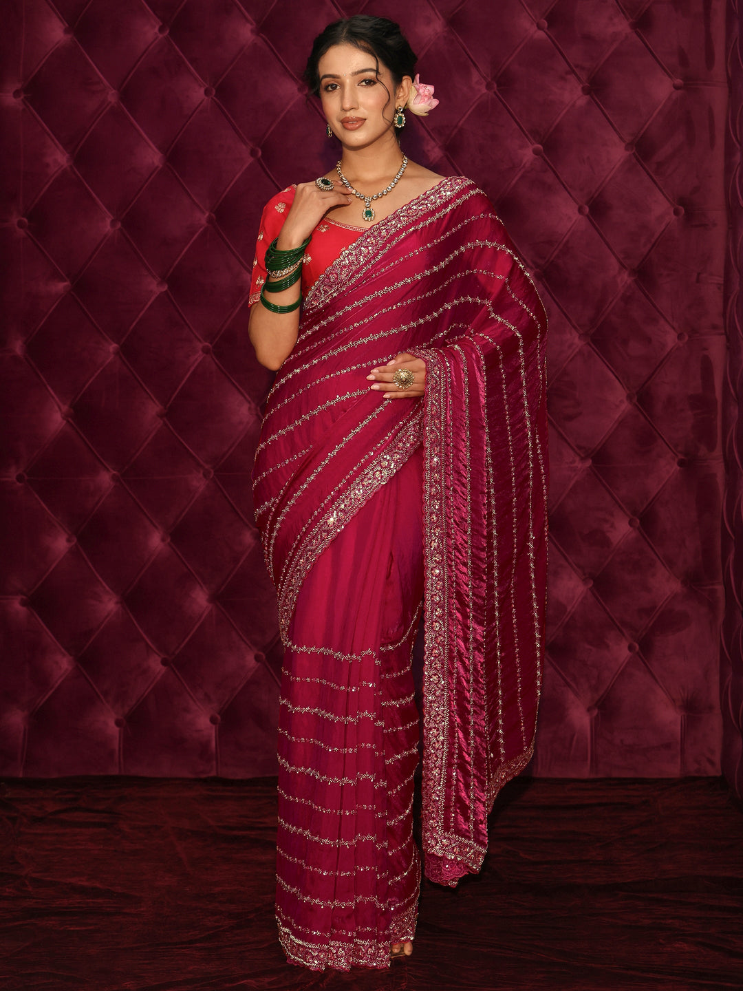 Libas Art Pink Embellished Silk Blend Saree