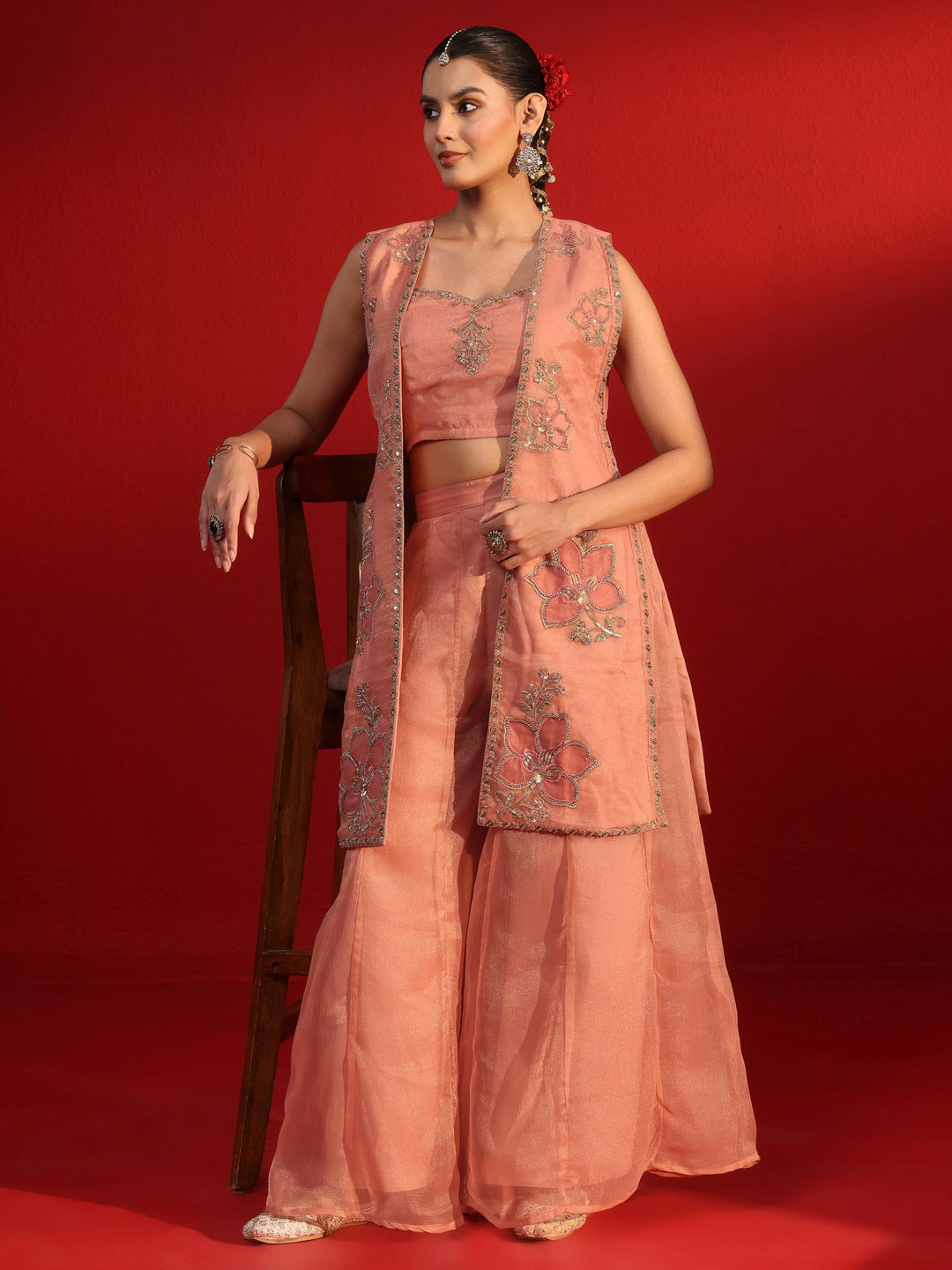 Libas Art Pink Embellished Tissue Co-Ord Set with Jacket