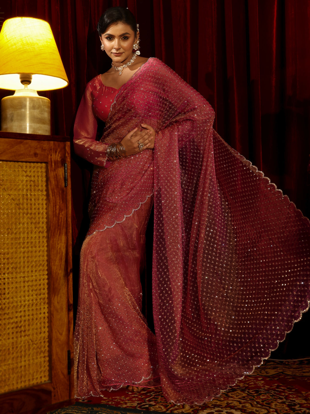 Libas Art Pink Embellished Tissue Saree