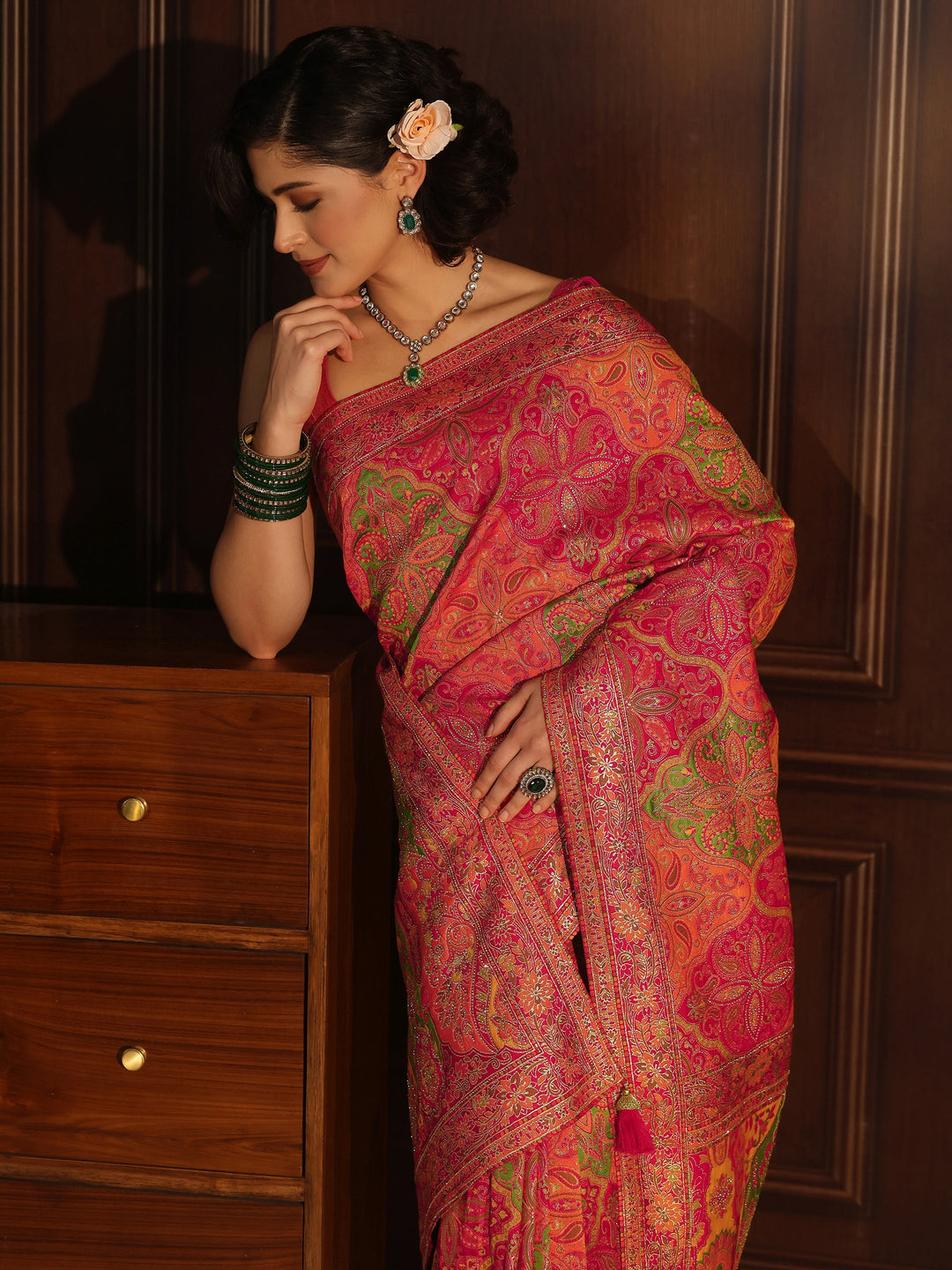 Libas Art Pink Ethnic Woven Design Silk Blend Saree
