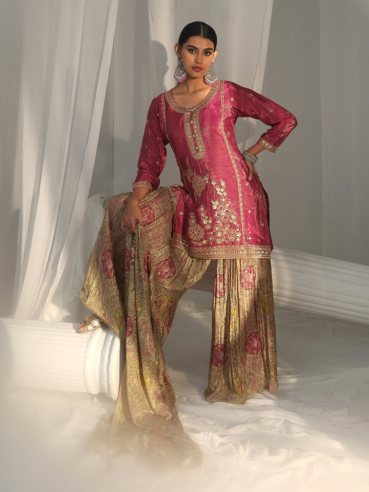 Libas Art Pink Floral Embellished Kurta With Crinkled Palazzo Suit Set