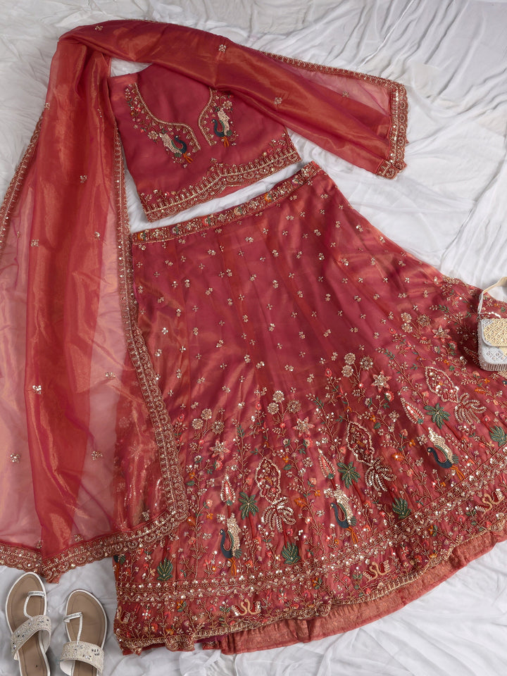 Libas Art Pink Floral Embellished Net Semi-Stitched Lehenga Choli