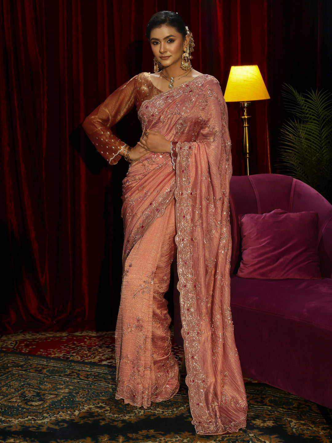 Libas Art Pink Floral Embellished Tissue Saree