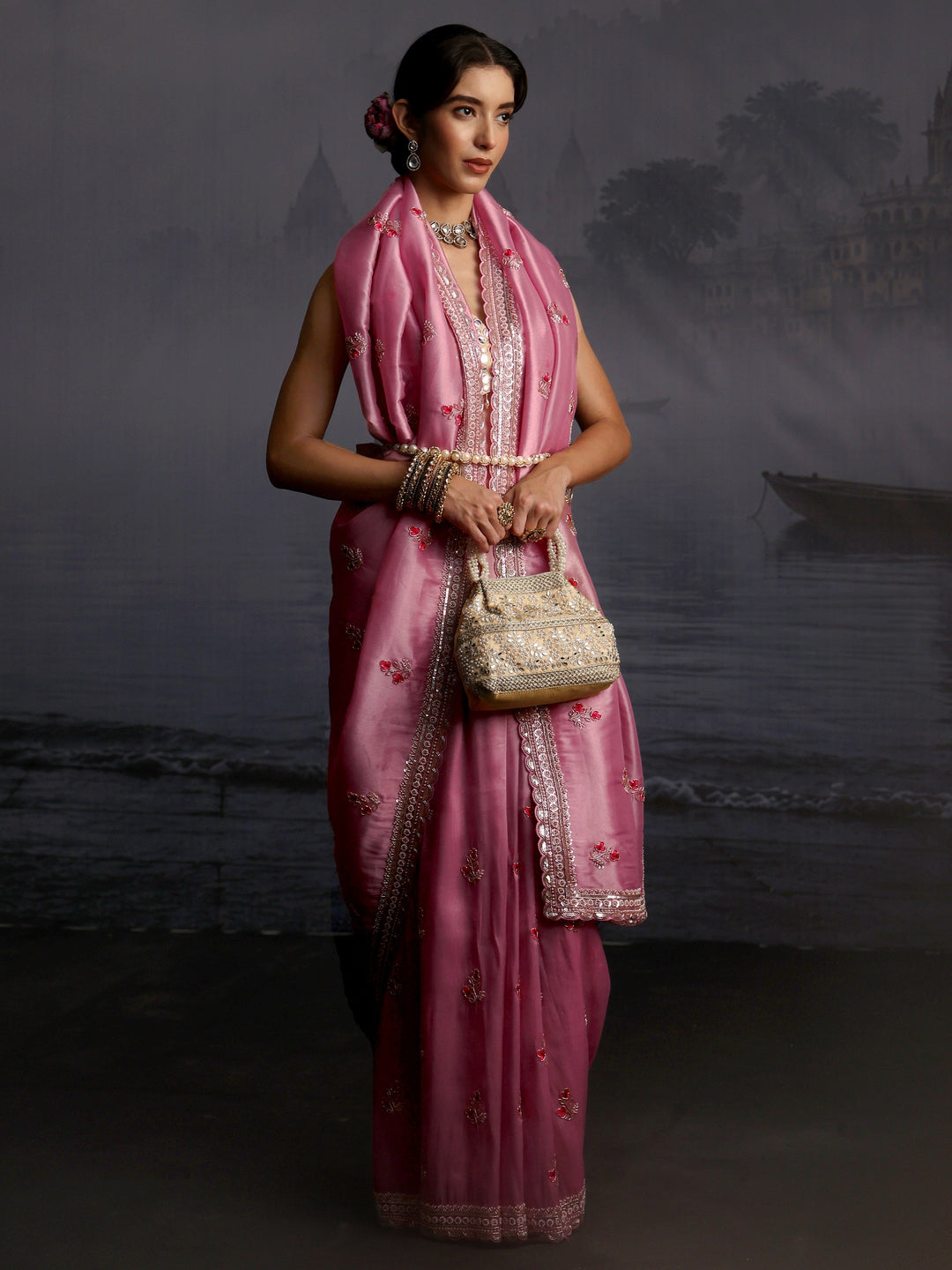 Libas Art Pink Floral Embellished Tissue Saree