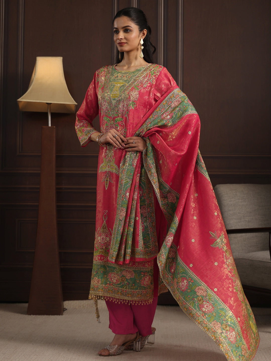 Libas Art Pink Floral Embroidered Chanderi Silk Straight Suit Set