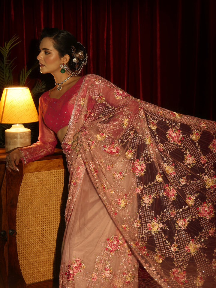 Libas Art Pink Floral Embroidered Net Saree