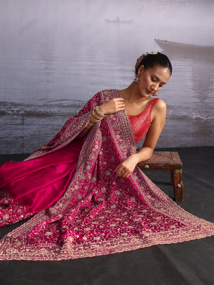 Libas Art Pink Floral Embroidered Satin Saree with Stone Work
