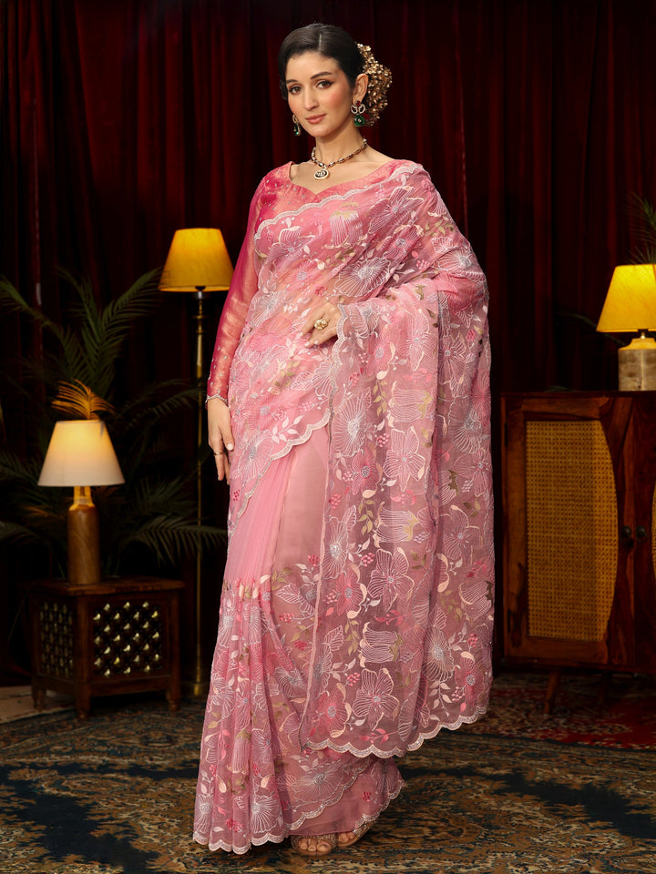 Libas Art Pink Floral Embroidered Tissue Saree