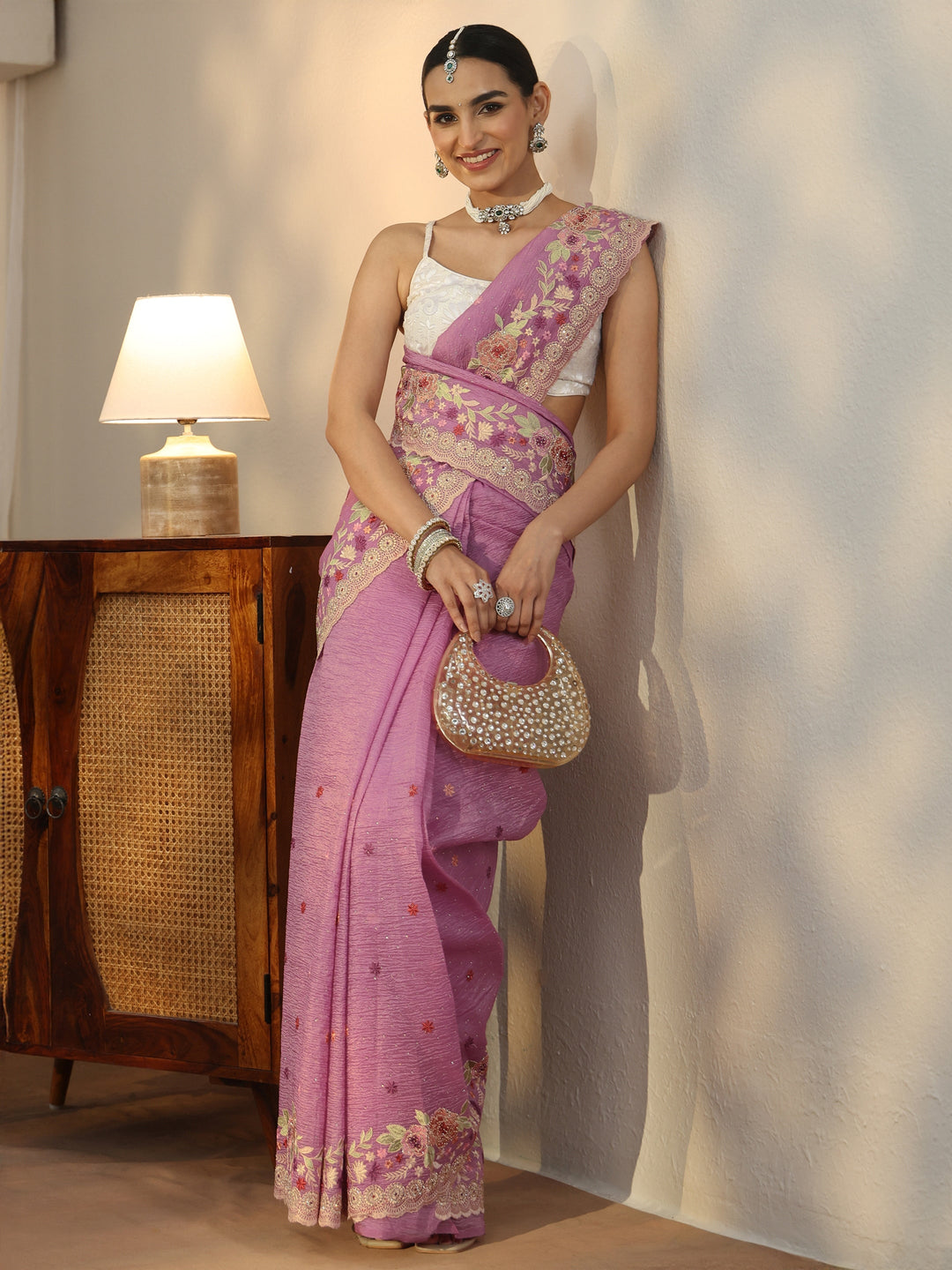 Libas Art Pink Floral Embroidered Tissue Saree