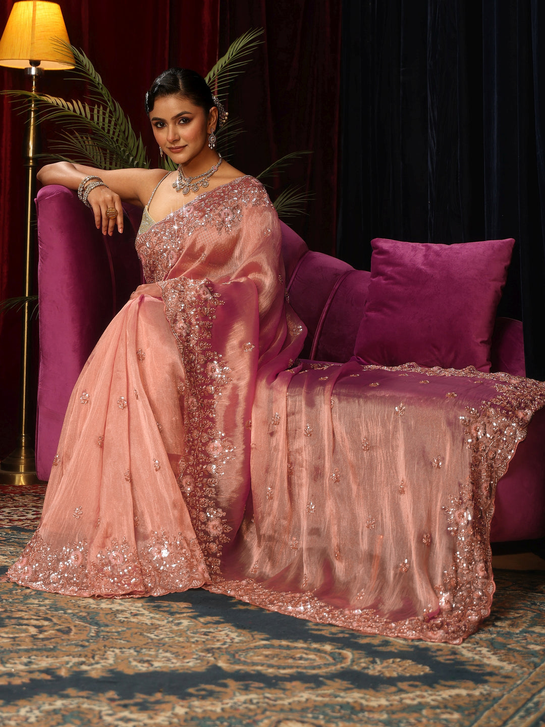 Libas Art Pink Floral Sequin Embellished Tissue Saree