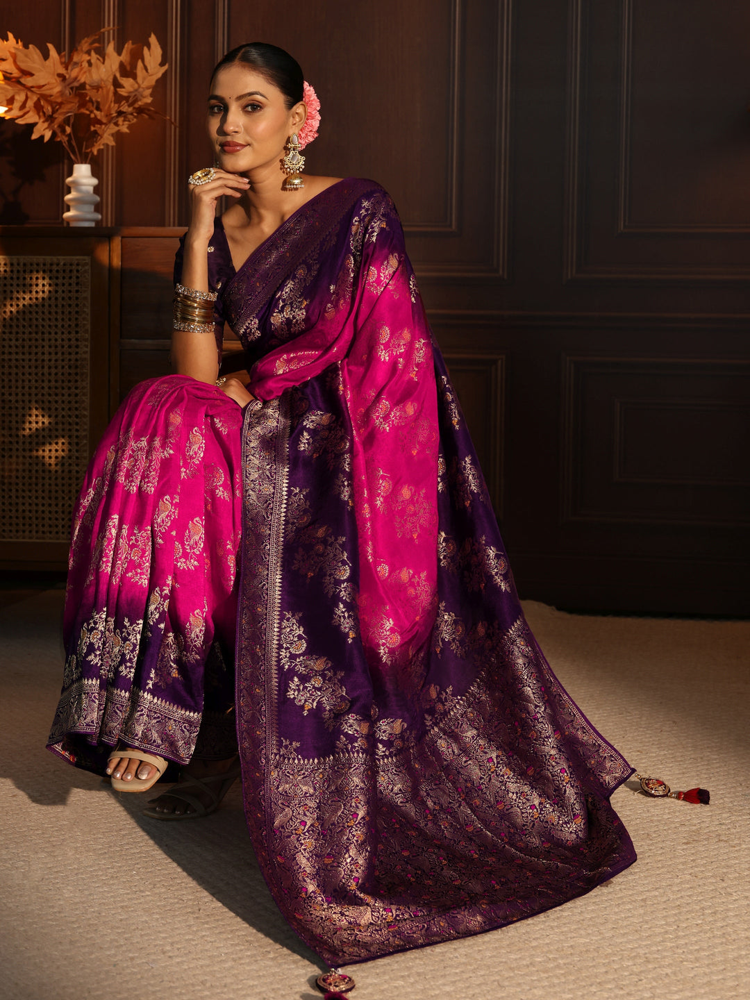 Libas Art Pink Floral Woven Design Silk Blend Ombre Saree
