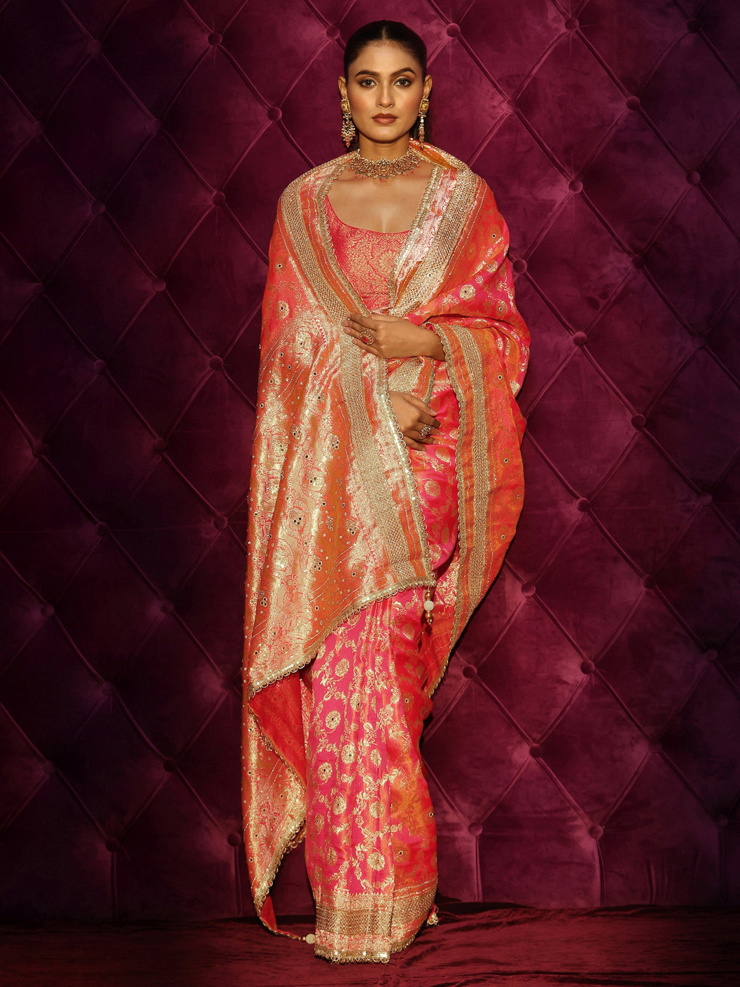 Libas Art Pink Floral Woven Design Silk Blend Saree with Embellishments