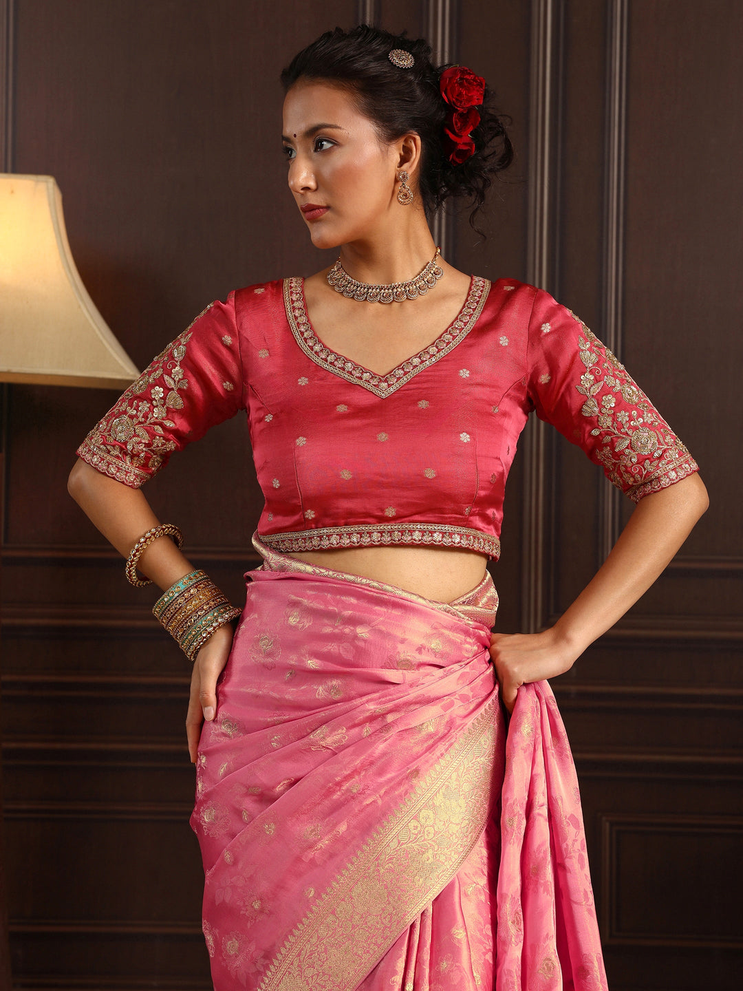 Libas Art Pink Floral Woven Design Silk Blend Saree with Potli Bag