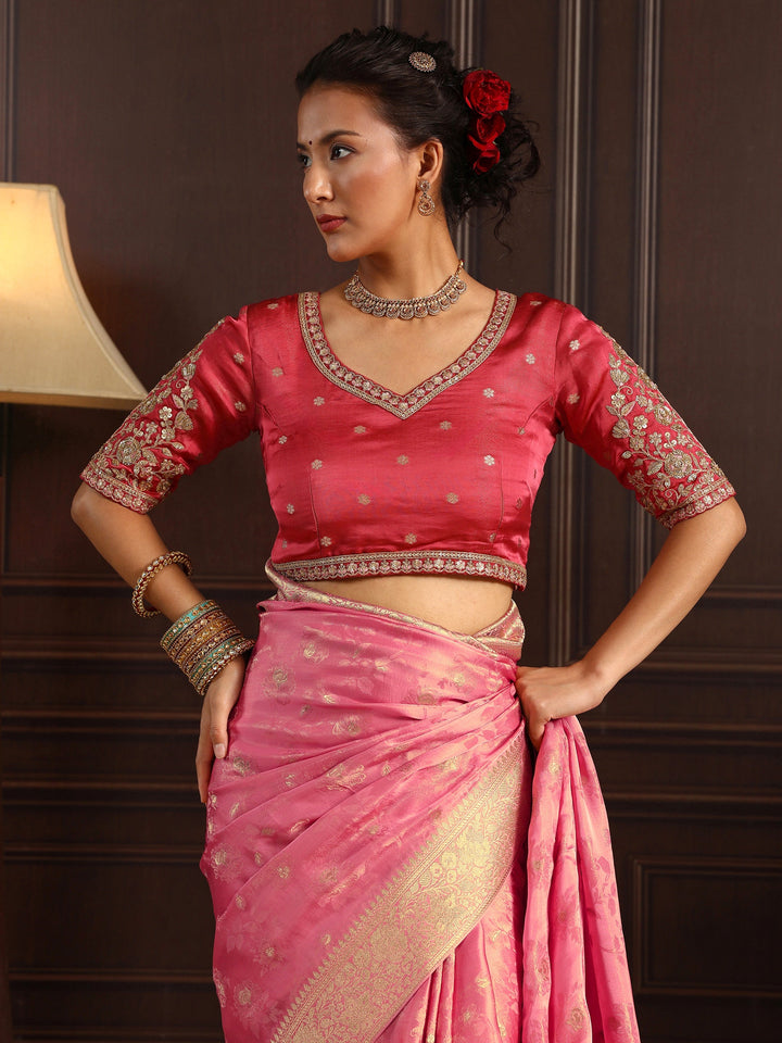 Libas Art Pink Floral Woven Design Silk Blend Saree with Potli Bag