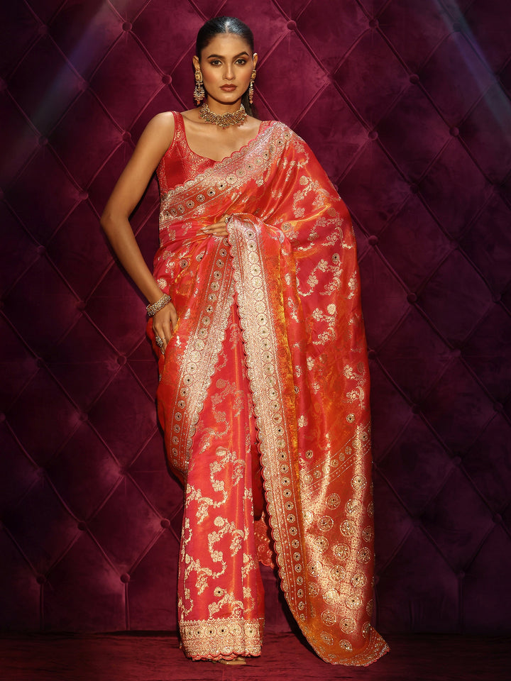 Libas Art Pink Floral Woven Design Silk Blend Saree with Stone Work