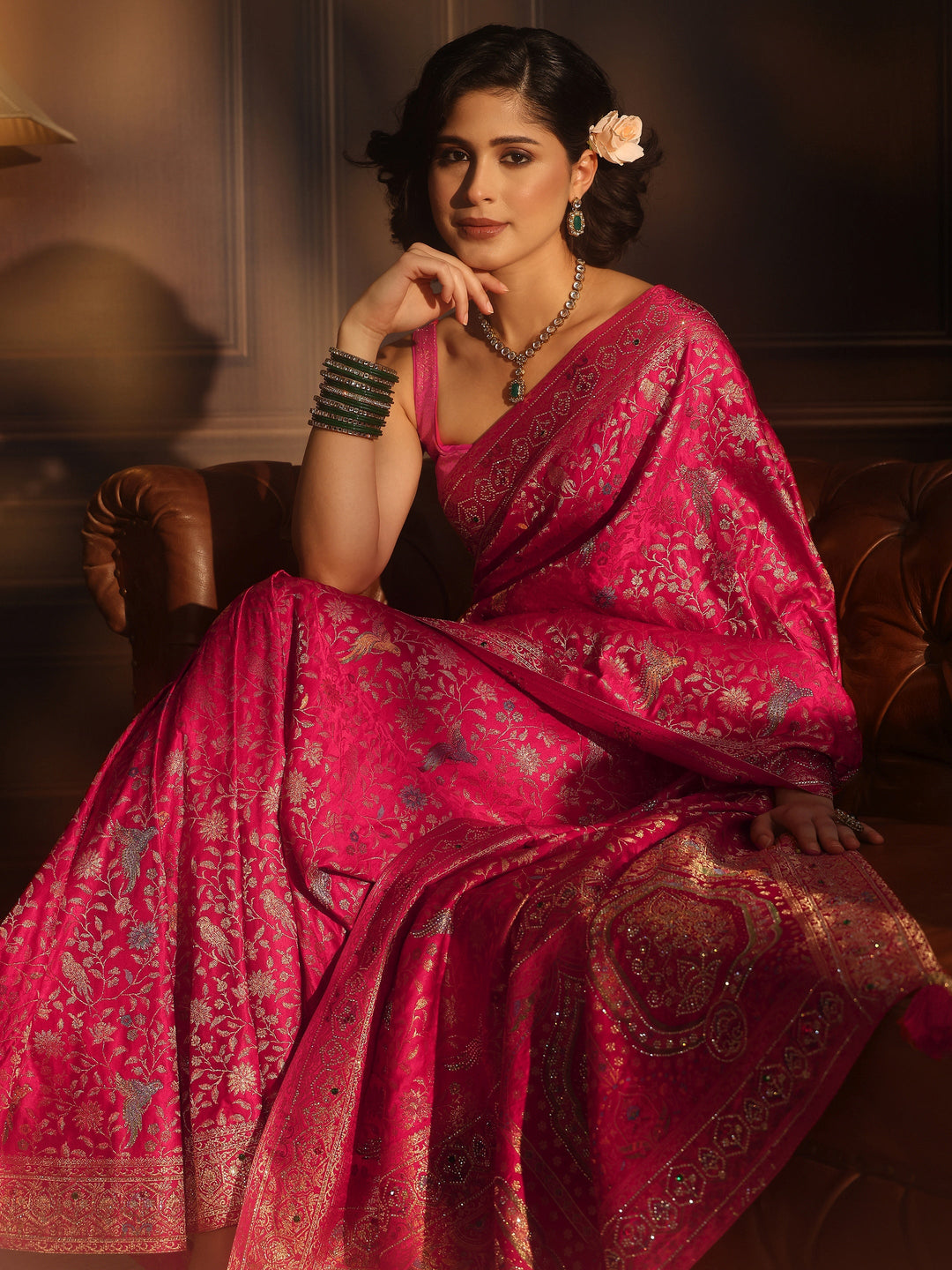 Libas Art Pink Floral Woven Design Silk Blend Saree with Stone Work