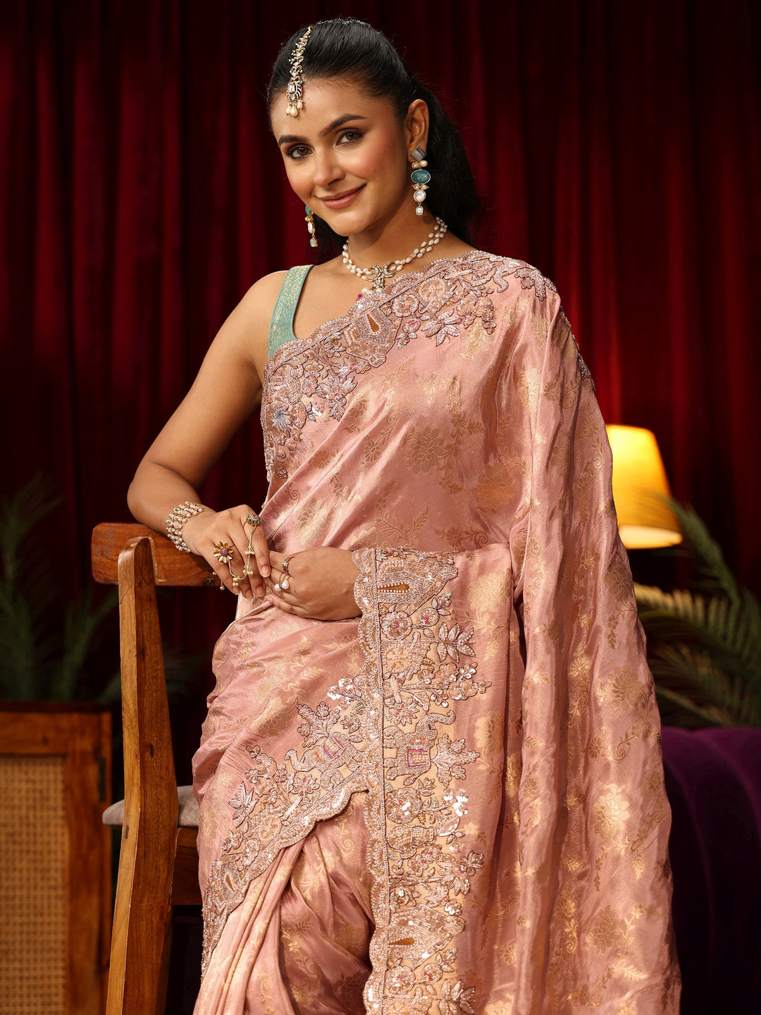 Libas Art Pink Floral Woven Design Tissue Saree