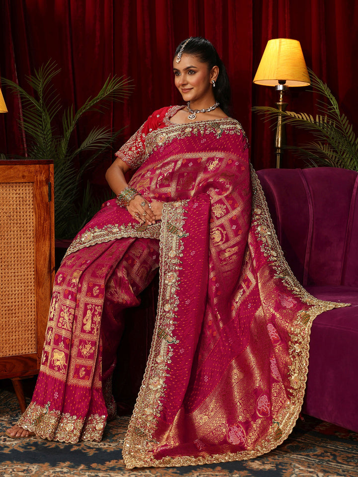 Libas Art Pink Gharchola Woven Design Silk Blend Saree with Embellished Border
