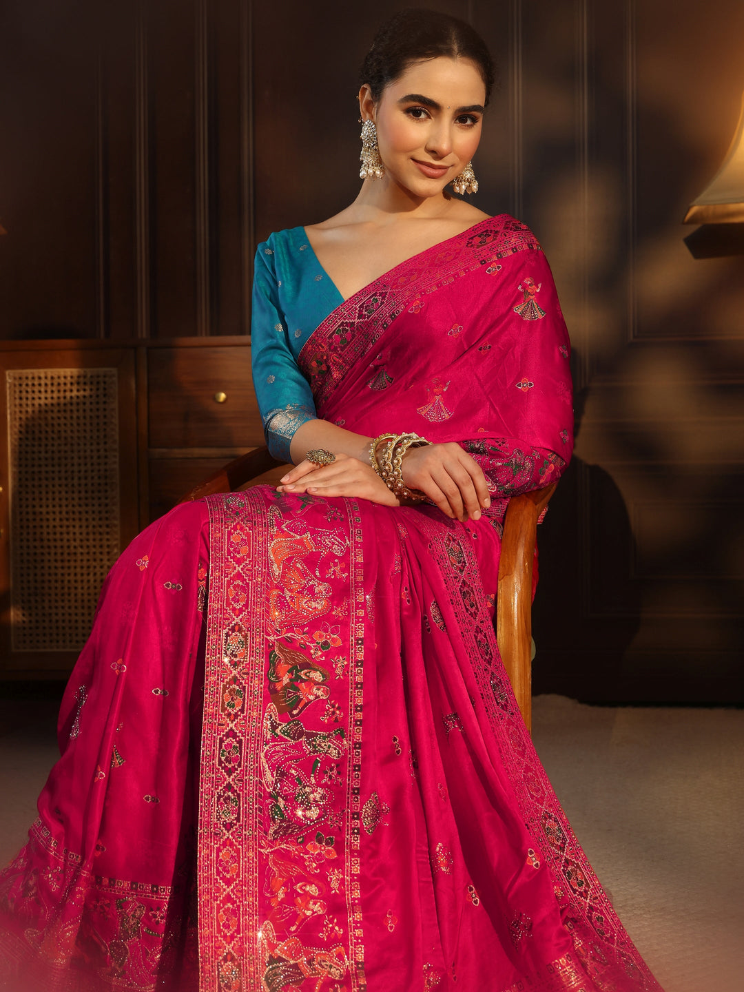 Libas Art Pink Mughal Woven Design Satin Saree with Stone Work