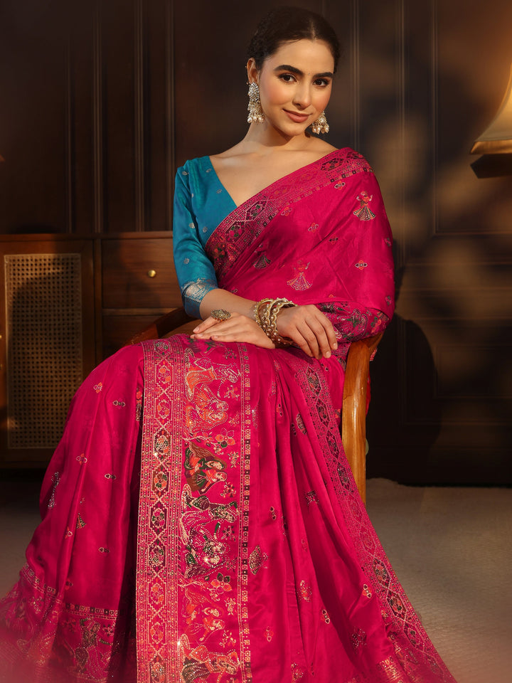 Libas Art Pink Mughal Woven Design Satin Saree with Stone Work