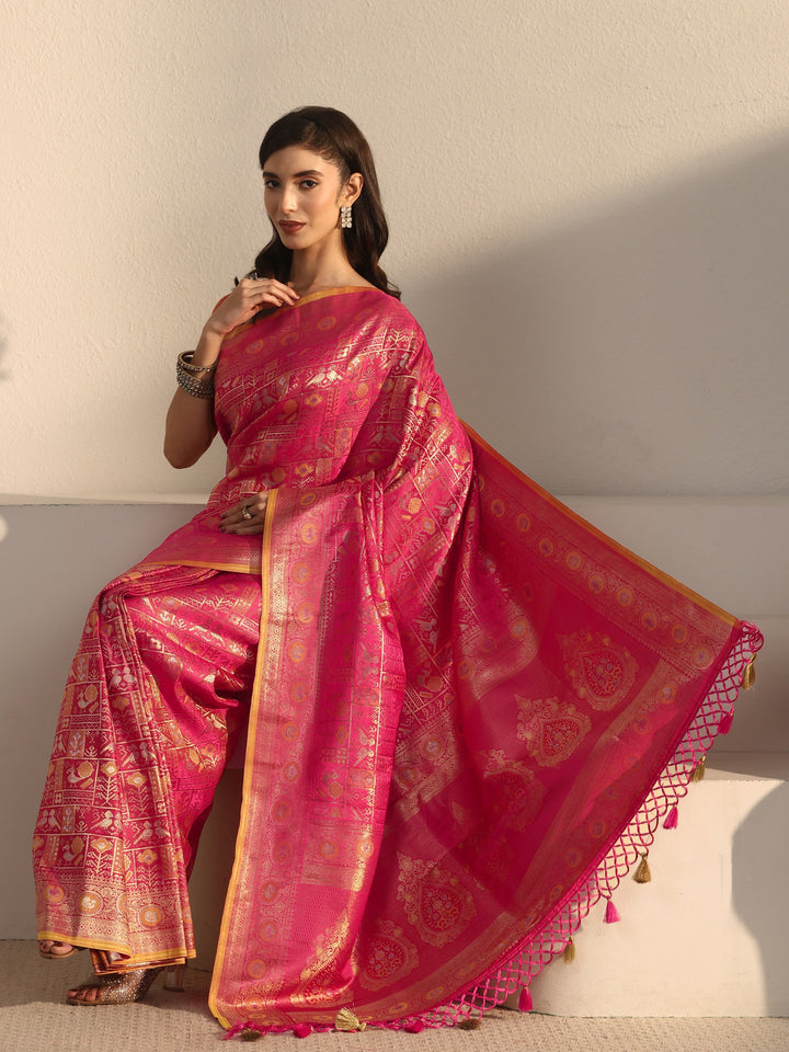 Libas Art Pink Patola Woven Design Silk Blend Tassel Saree