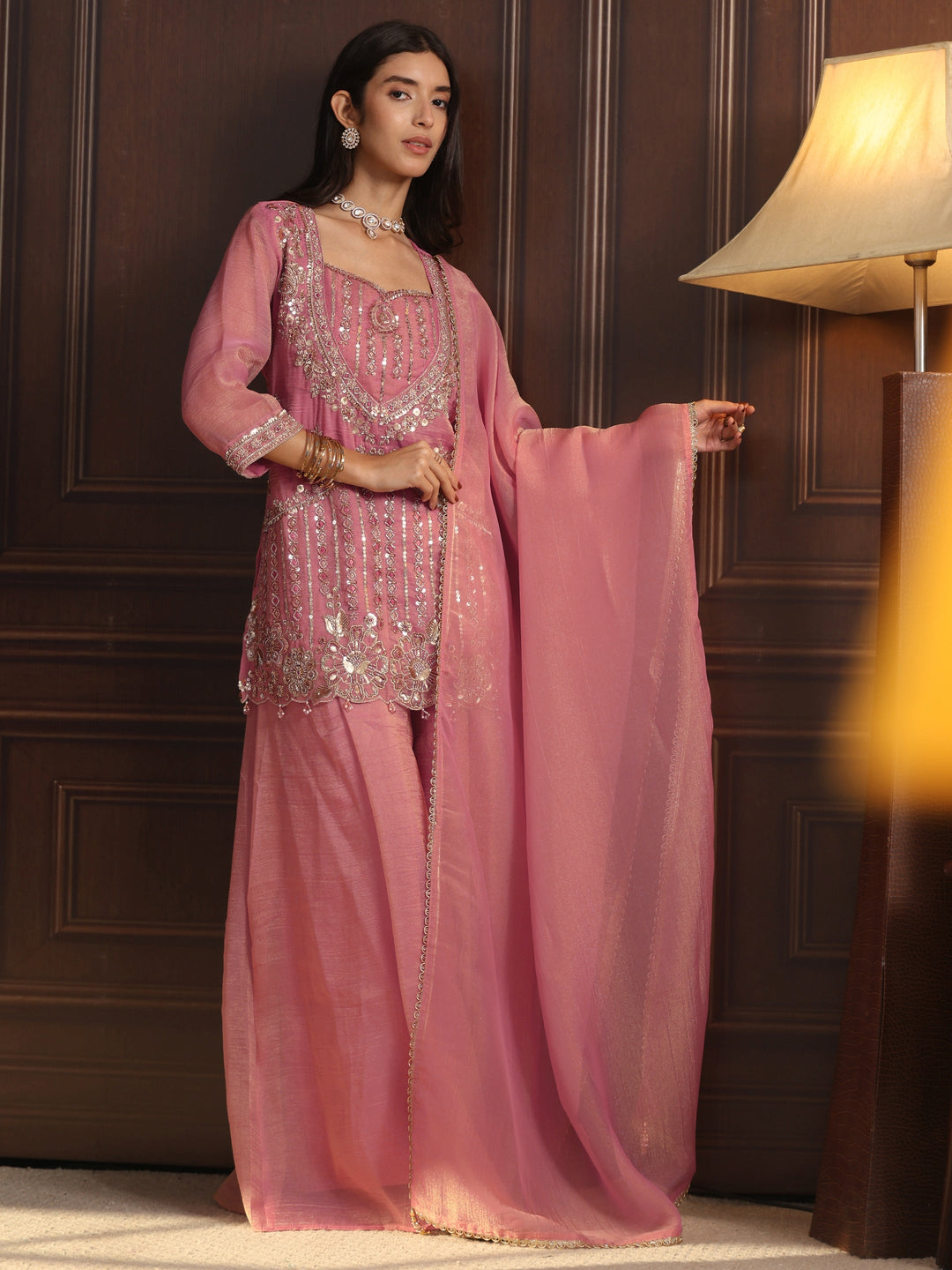 Libas Art Pink Sequin Embellished Tissue Palazzo Suit Set