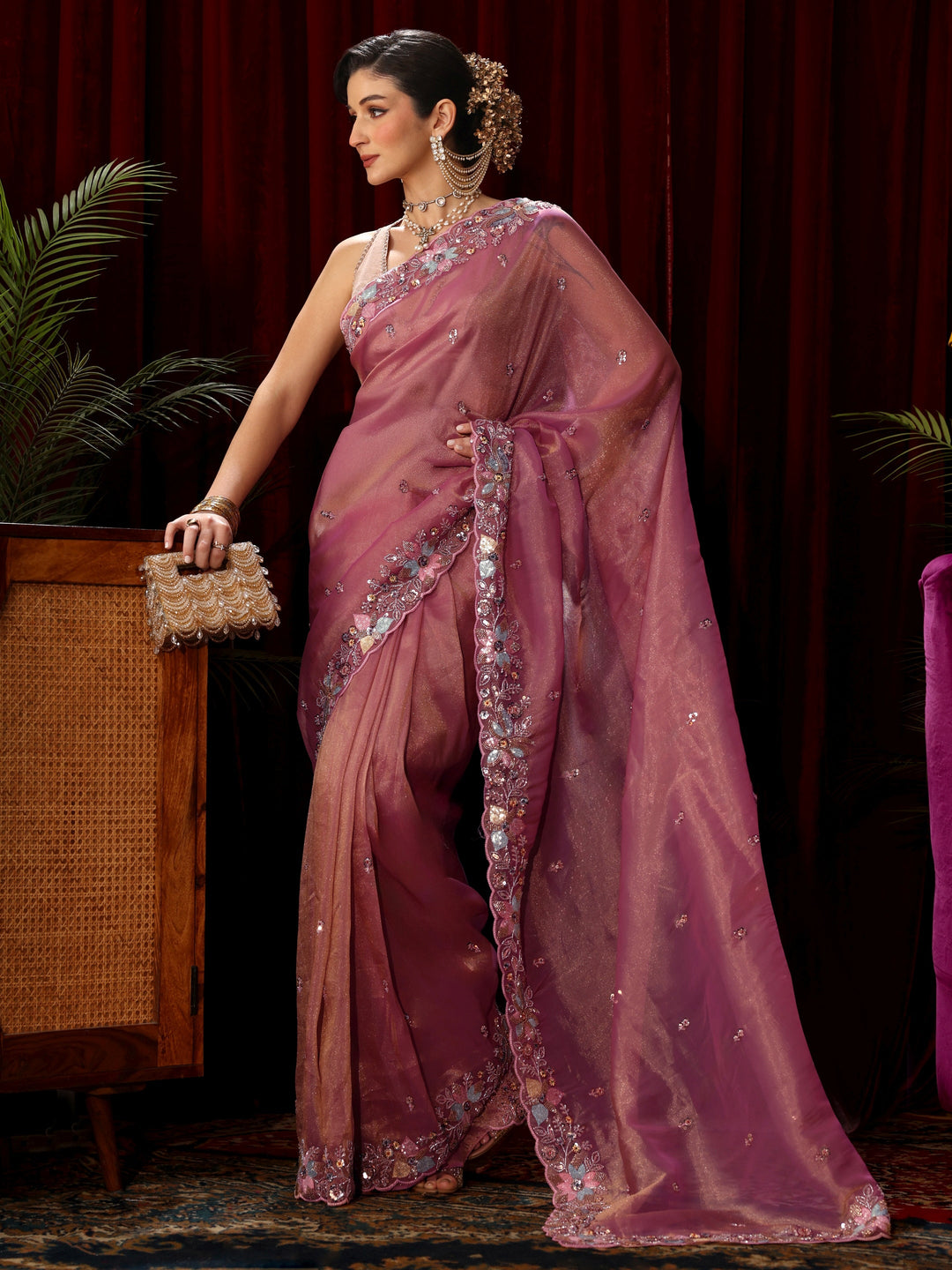 Libas Art Pink Sequin Embellished Tissue Saree