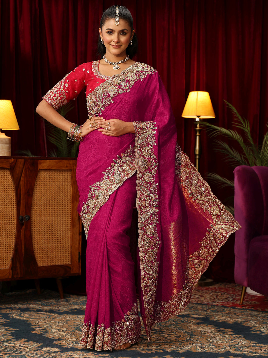 Libas Art Pink Silk Blend Saree with Zari and Sequin Embellished Border