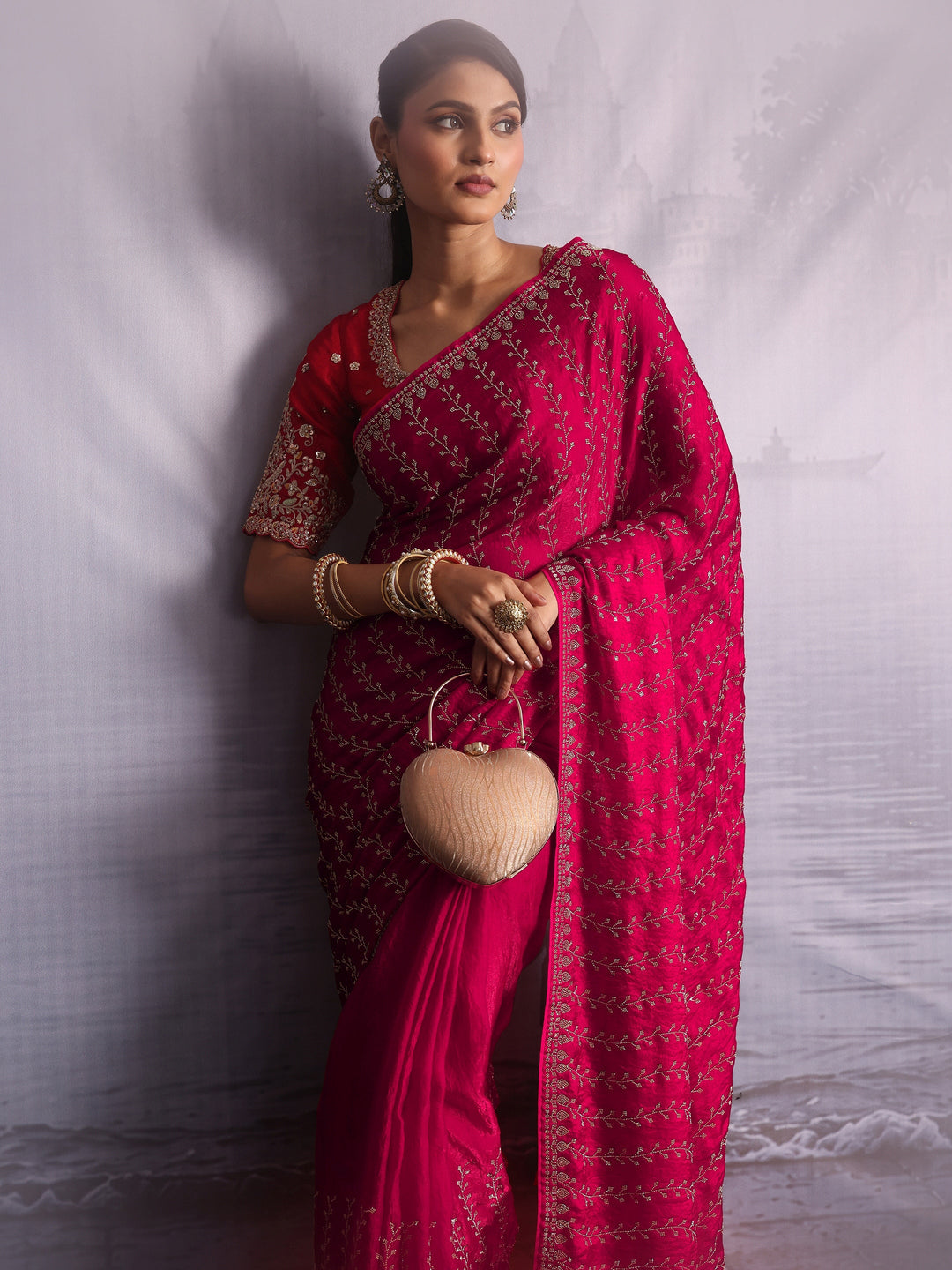 Libas Art Pink Stone Work Embellished Tissue Saree