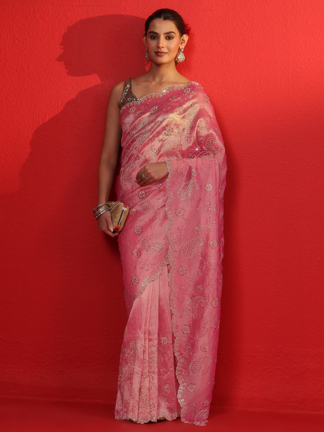 Libas Art Pink Stone Work Embellished Tissue Saree