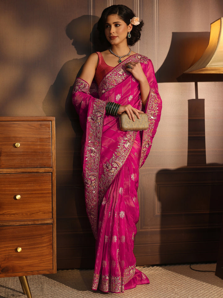 Libas Art Pink Striped Satin Saree with Embellished Border