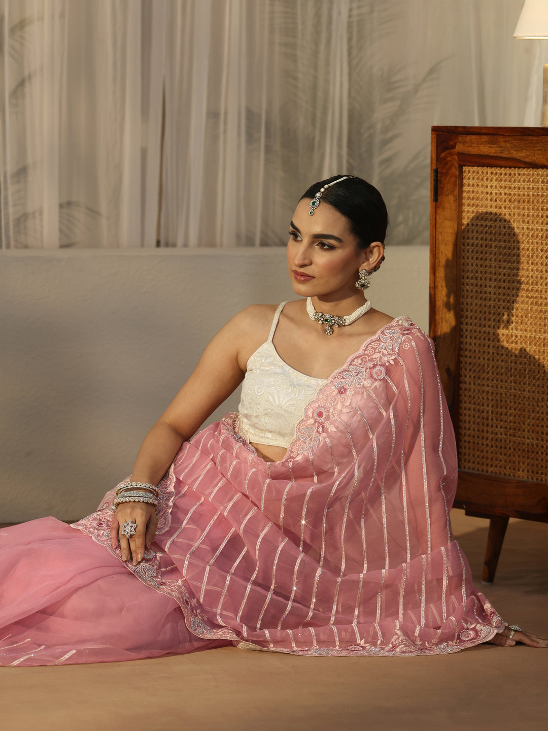 Libas Art Pink Striped Tissue Saree with Embellished Border