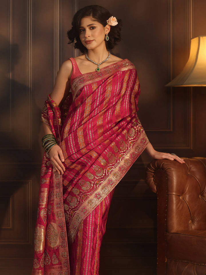 Libas Art Pink Striped Woven Design Satin Saree with Stone Work
