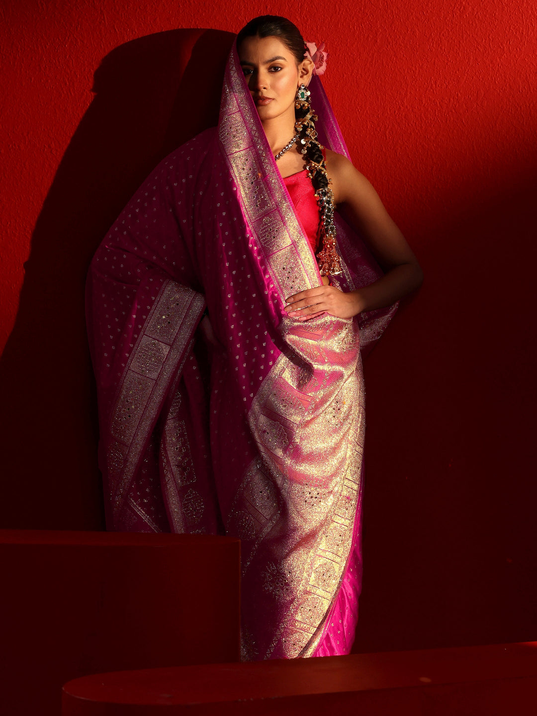Libas Art Pink Woven Design Satin Saree with Embellished Border