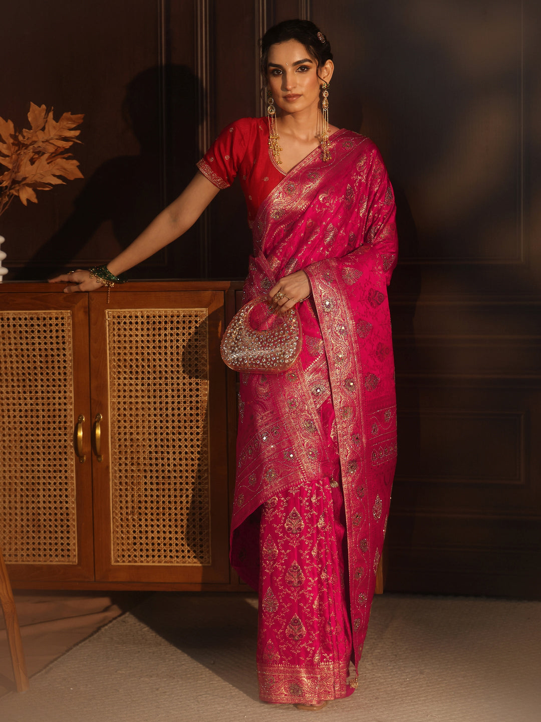Libas Art Pink Woven Design Satin Saree with Stone Work