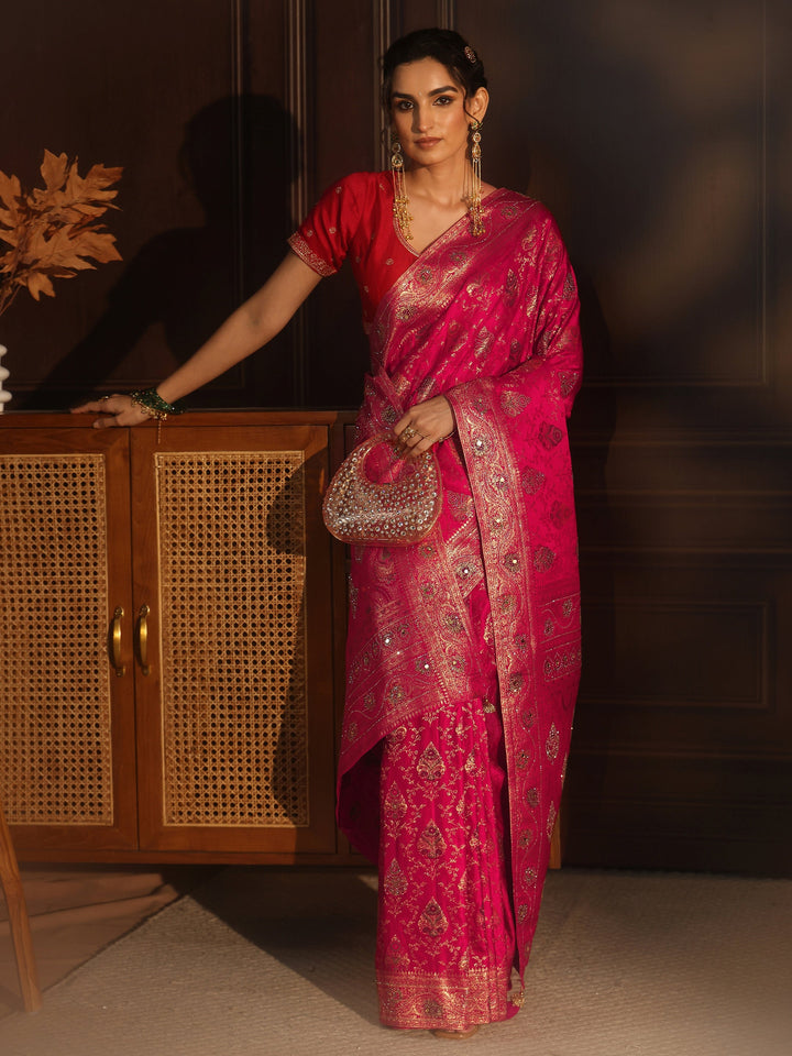 Libas Art Pink Woven Design Satin Saree with Stone Work