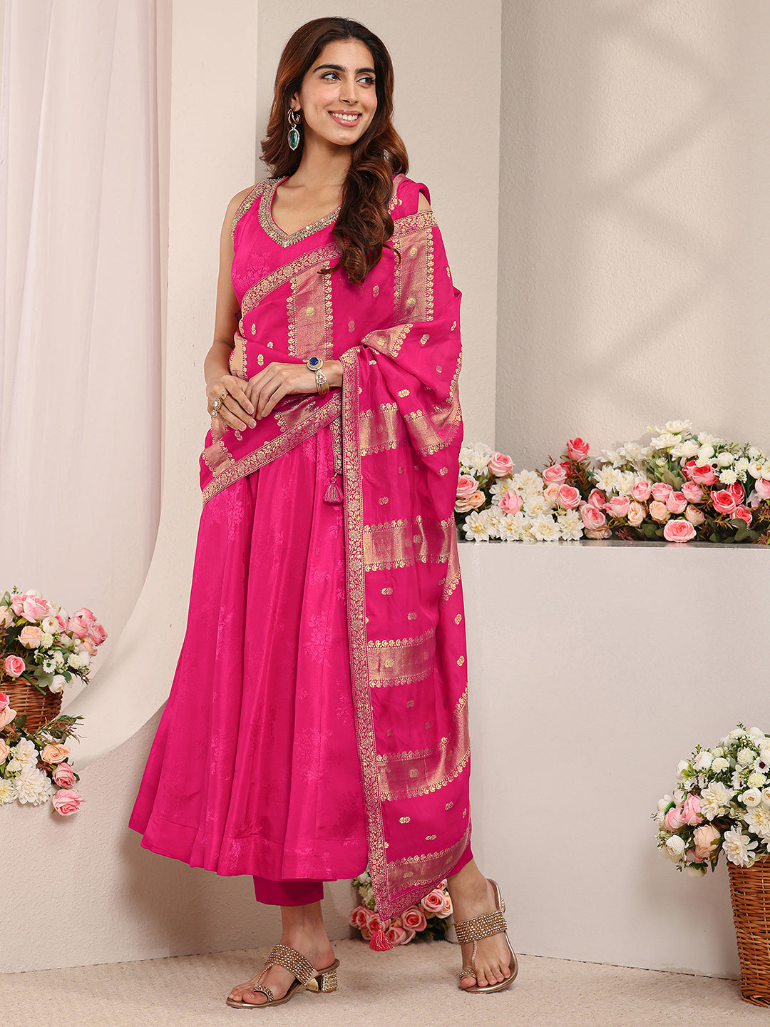 Libas Art Pink Woven Design Silk Blend A-Line Suit Set With Dupatta