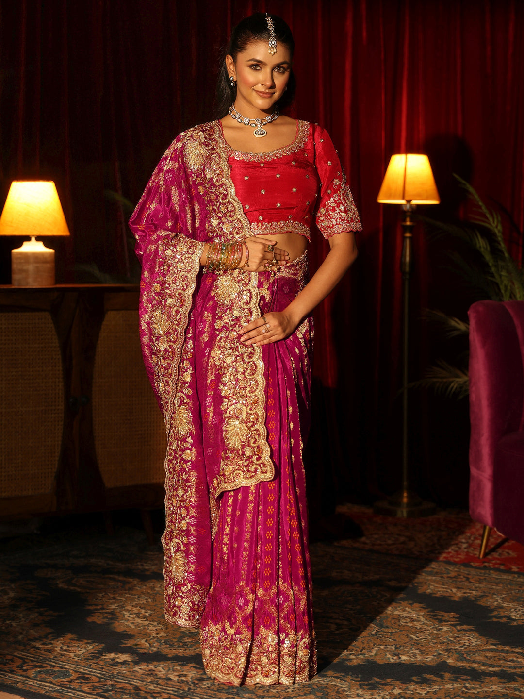 Libas Art Pink Woven Design Silk Blend Saree with Embellished Border