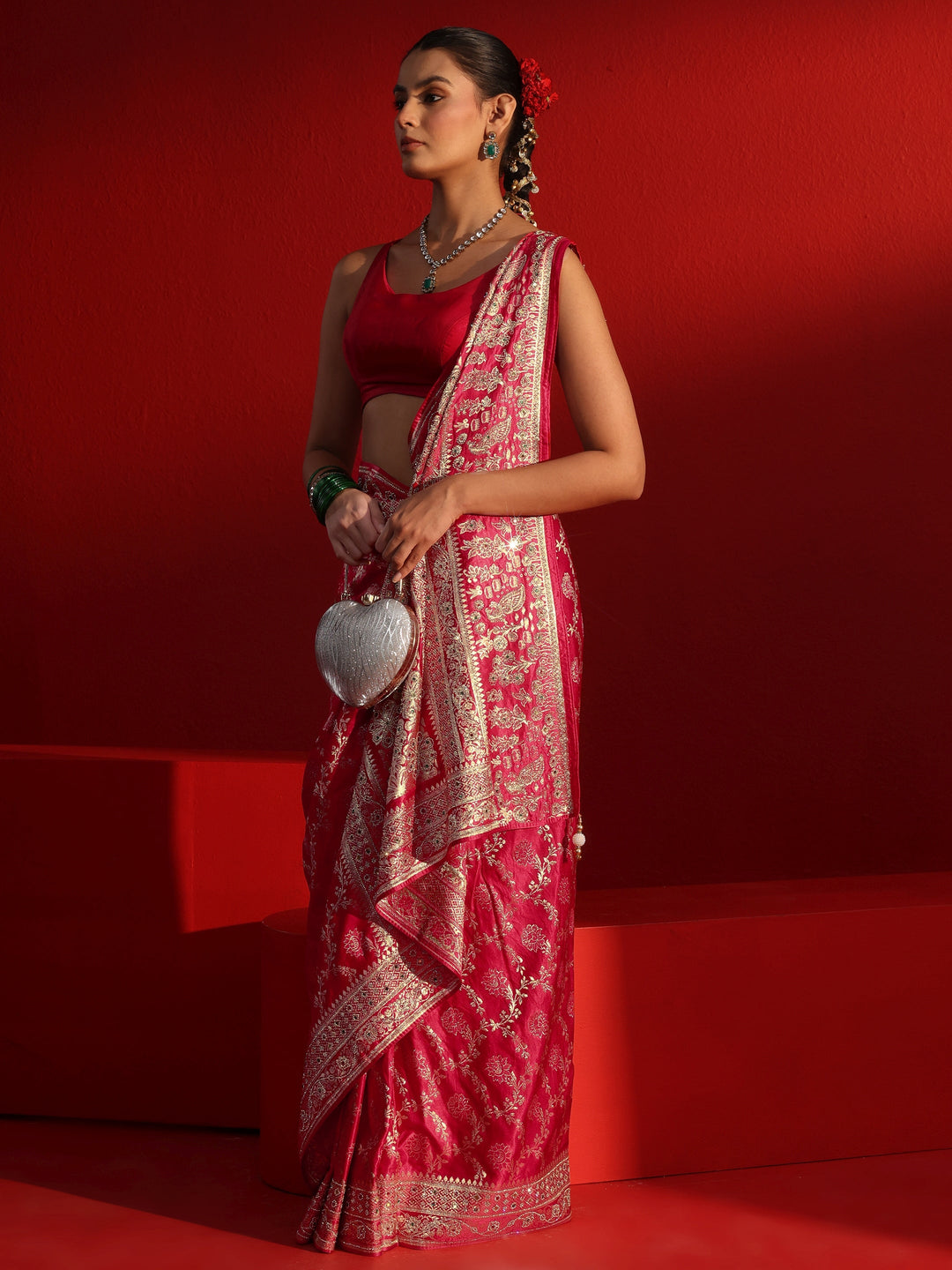 Libas Art Pink Woven Design Silk Blend Saree with Embellished Border