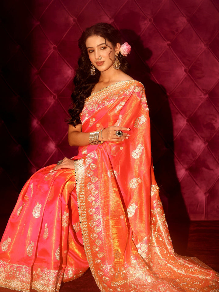 Libas Art Pink Woven Design Silk Blend Saree with Embellishments