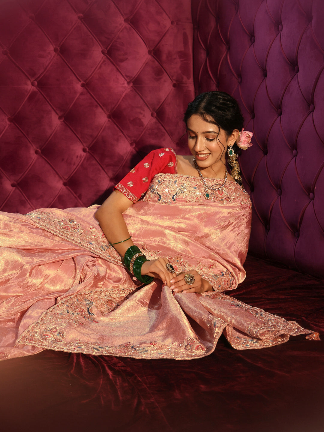 Libas Art Pink Woven Design Silk Blend Saree with Embroidered Border